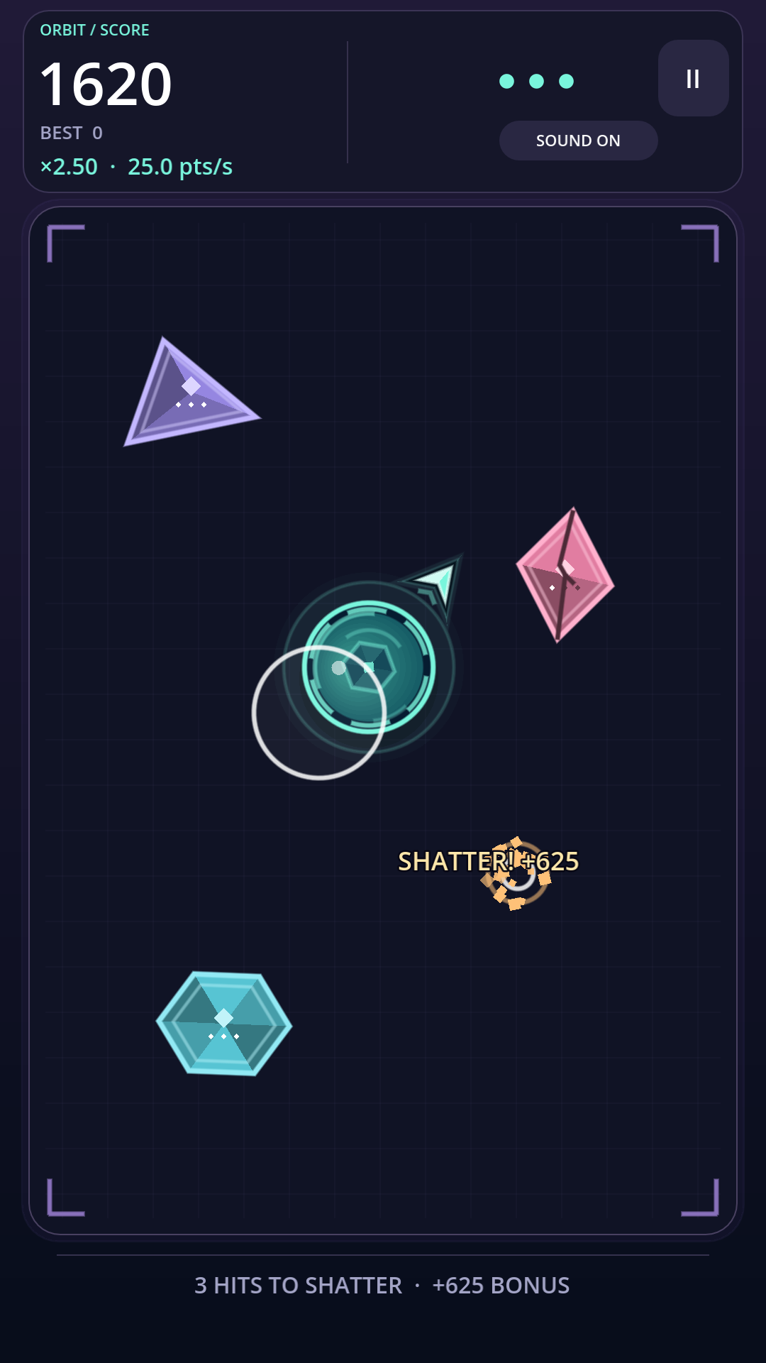 Finger Orbit gameplay showing crystal obstacles and scoring